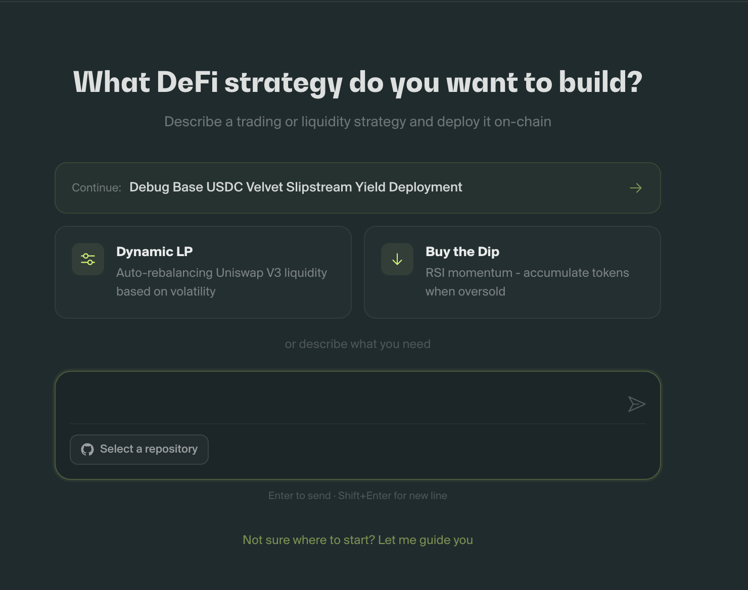 Almanak Code showing a DeFi strategy prompt and persistent sessions